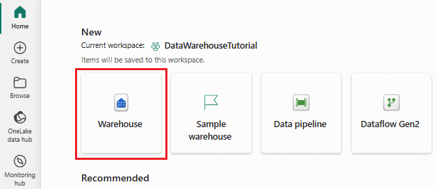 Capture d'écran montrant la carte Warehouse (Entrepôt) dans le hub Home (Accueil).