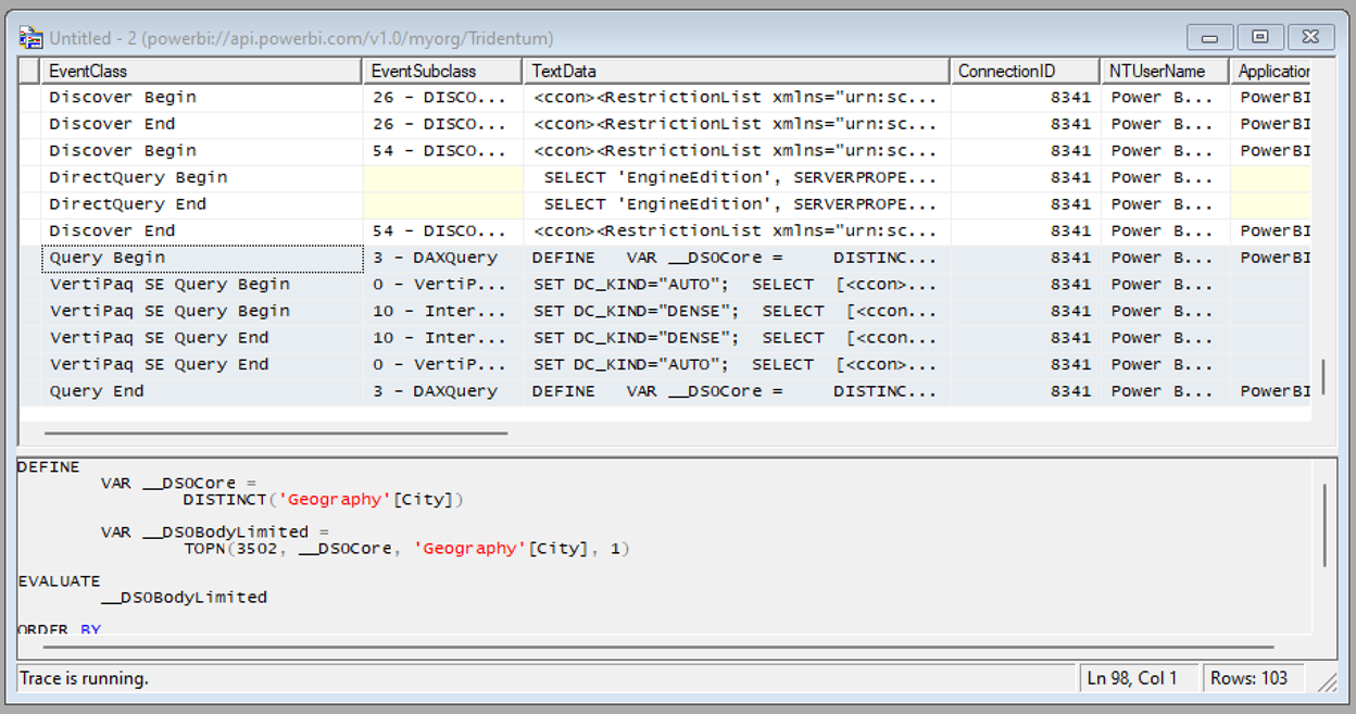 Capture d’écran des événements de traitement des requêtes dans SQL Server Profiler.