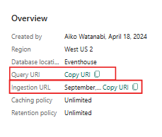Capture d’écran des détails de la base de données montrant les détails de la base de données. Les options intitulées Requête URI et Ingestion URI sont mis en surbrillance.
