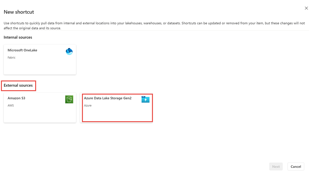 Capture d’écran montrant le choix d’Azure Data Lake Storage Gen2 en tant que source externe.