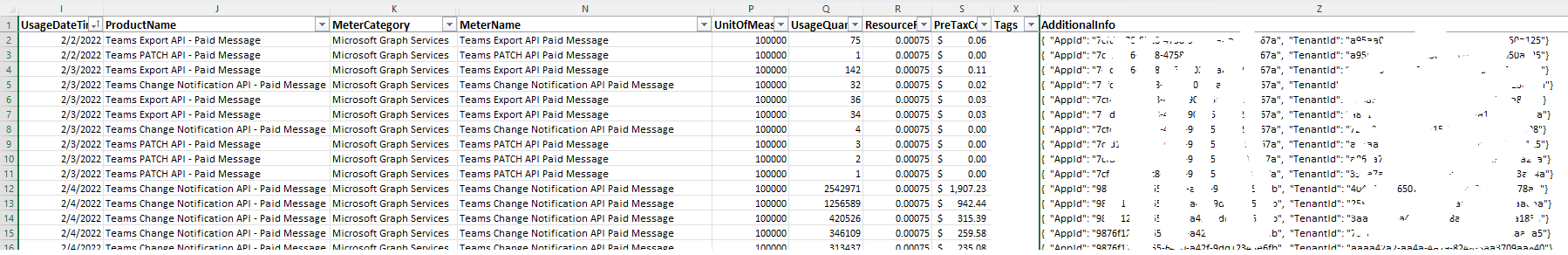 Capture d’écran d’un fichier CSV exporté