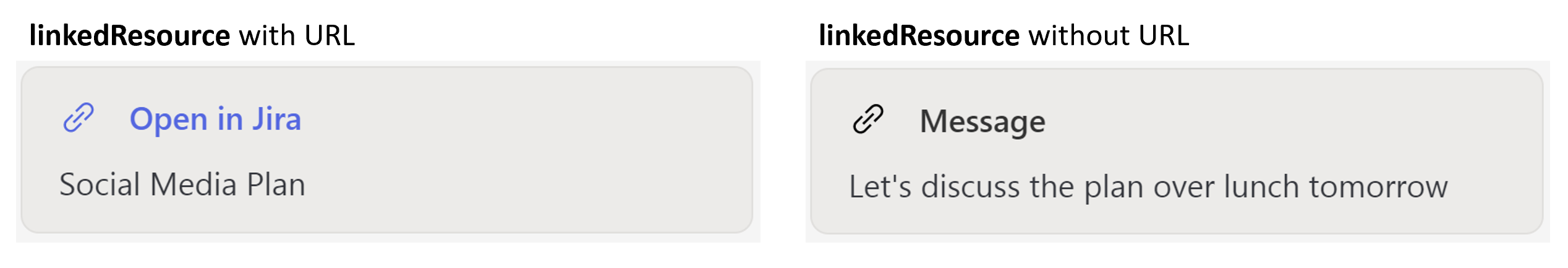 Image montrant comment la carte de ressource liée avec et sans URL est affichée. La carte de ressource liée avec URL contient Ouvrir avec le nom de l’application partenaire, tandis que la carte de ressource liée sans URL contient uniquement le nom de l’application du partenaire.