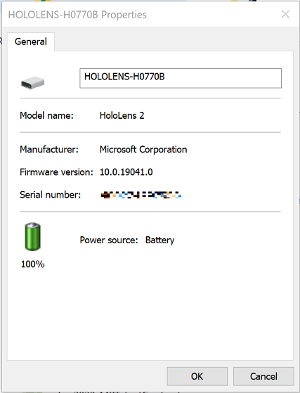 un écran de propriétés HoloLens 2 affiche le niveau de modification de la batterie.