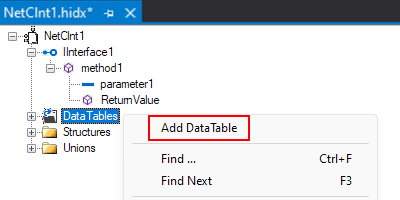 Capture d’écran montrant main mode Création, le menu contextuel DataTables et l’option sélectionnée pour Ajouter DataTable.