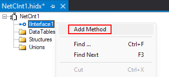 Capture d’écran montrant main mode création, le menu contextuel Interface et l’option sélectionnée pour Ajouter une méthode.
