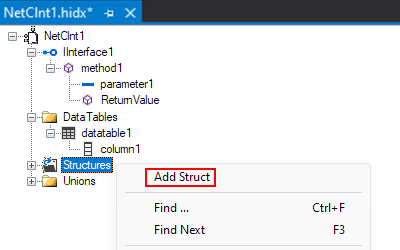 Capture d’écran montrant main mode Création, le menu contextuel Structures et l’option sélectionnée pour Ajouter un struct.