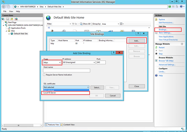 Screenshot of dialog box for Add Site Binding with Type of I P Address highlighted and Local I I S Server selected from the drop down.