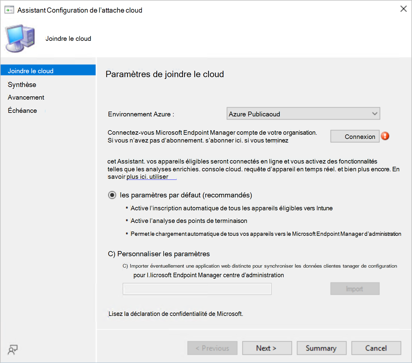 Capture d’écran de l’Assistant Configuration de l’attachement au cloud