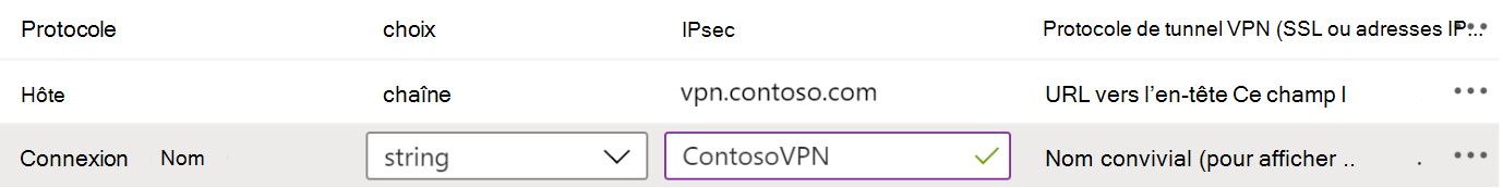 Exemples de protocole, de nom de connexion et de nom d’hôte dans une stratégie de configuration d’application VPN dans Microsoft Intune à l’aide du Concepteur de configuration