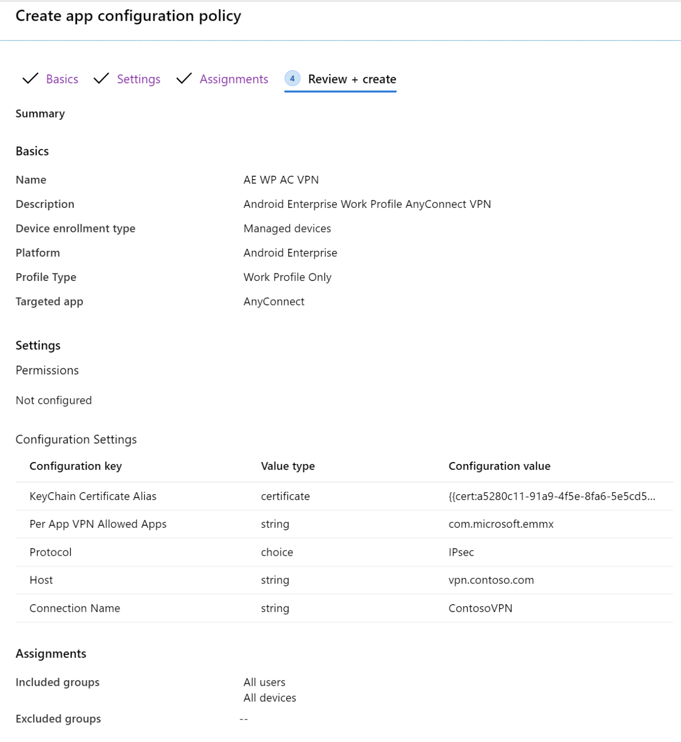 Passez en revue la stratégie de configuration d’application à l’aide de l’exemple Flux du concepteur de configuration dans Microsoft Intune.