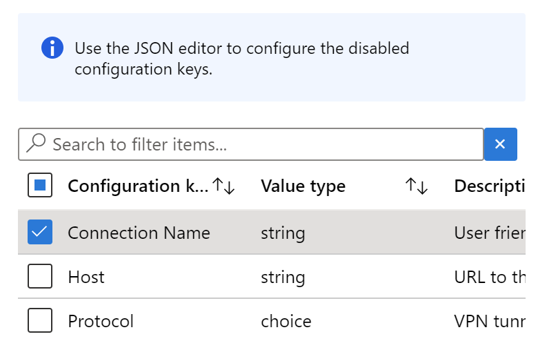 Dans le Concepteur de configuration, sélectionnez n’importe quelle clé avec un type de valeur de chaîne dans stratégie de configuration d’application VPN Microsoft Intune