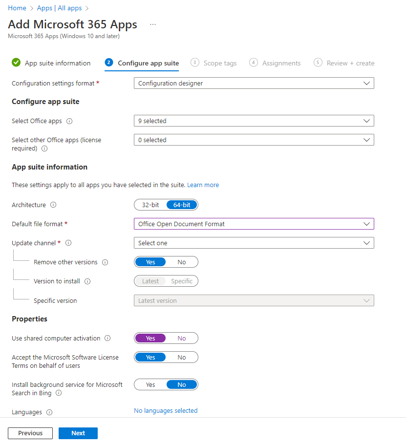 Capture d’écran : Ajouter Microsoft 365 Apps - Concepteur de configuration.