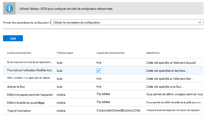 Format des paramètres de configuration - Entrer des données JSON