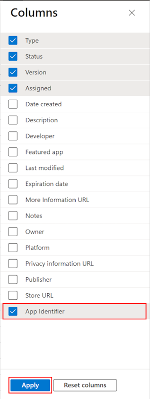 Capture d’écran montrant comment sélectionner la colonne ID de bundle d’applications dans Toutes les applications dans Microsoft Intune et le Centre d’administration Intune.