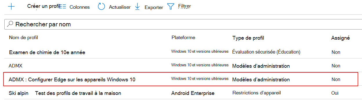 Capture d’écran du paramètre de stratégie ADMX affiché dans la liste des profils de configuration d’appareil dans Microsoft Intune et le Centre d’administration Intune.