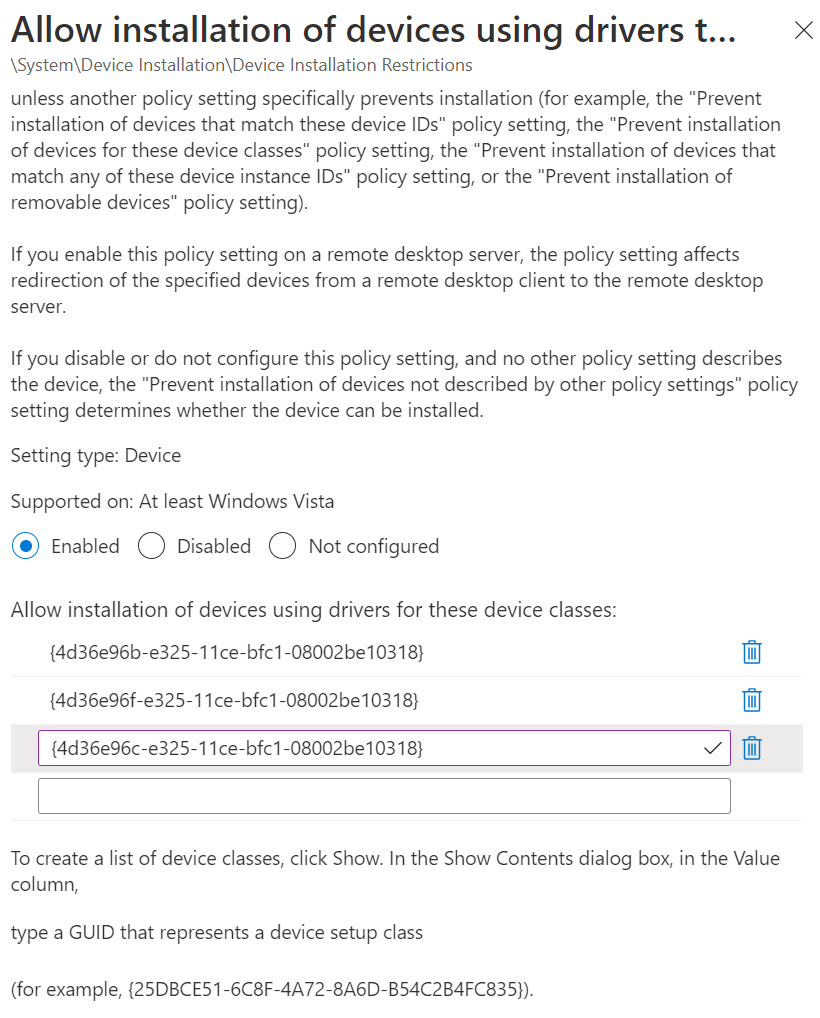 Capture d’écran montrant comment utiliser Microsoft Intune pour définir le paramètre Autoriser l’installation d’appareils à l’aide de pilotes qui correspondent à ces classes de configuration d’appareil avec vos GUID de classe.