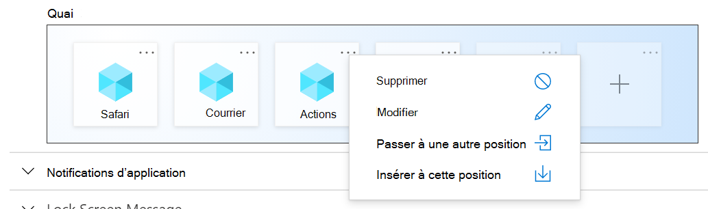 Exemples de paramètres de la disposition de l’écran d’accueil iOS/iPadOS dans Microsoft Intune