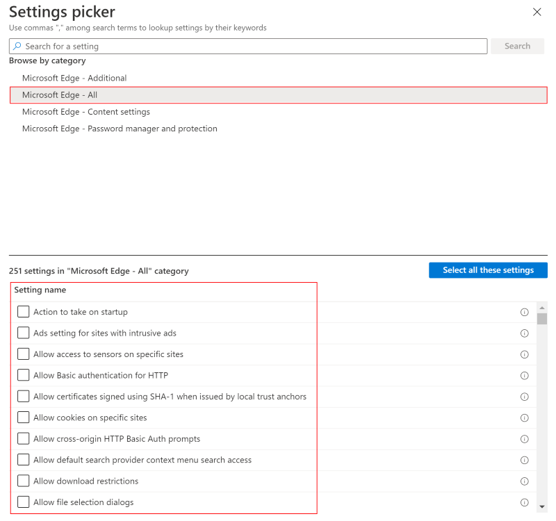 Capture d’écran montrant le catalogue de paramètres lorsque vous sélectionnez macOS et que vous sélectionnez une fonctionnalité ou une catégorie dans Microsoft Intune et le Centre d’administration Intune.