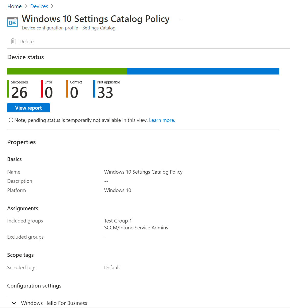 Capture d’écran montrant comment sélectionner la stratégie de catalogue de paramètres pour afficher l’état de l’appareil, l’état de la stratégie et les propriétés dans Microsoft Intune et le Centre d’administration Intune.