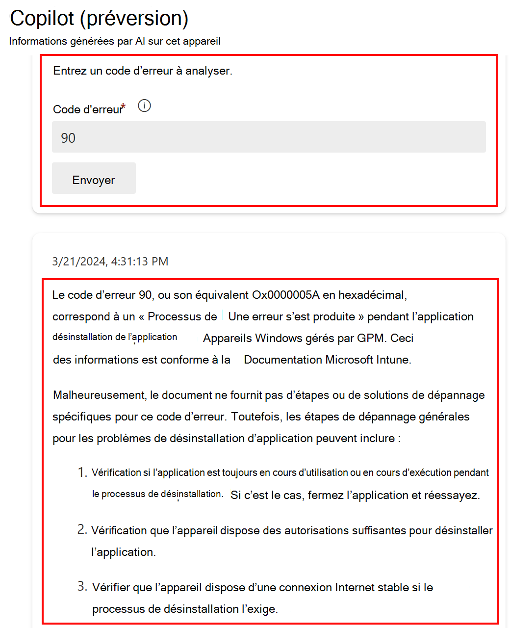 Capture d’écran montrant la fonctionnalité Analyser un code d’erreur dans Copilot après avoir sélectionné un appareil dans Microsoft Intune ou le Centre d’administration Intune.