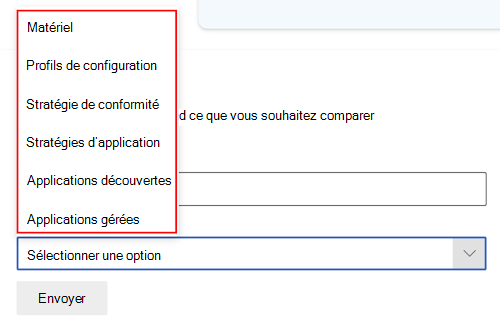 Capture d’écran montrant l’invite de comparaison Copilot après avoir sélectionné un appareil dans Microsoft Intune ou le Centre d’administration Intune.