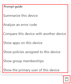 Capture d’écran montrant le guide d’invite Copilot après avoir sélectionné un appareil dans Microsoft Intune ou le Centre d’administration Intune.