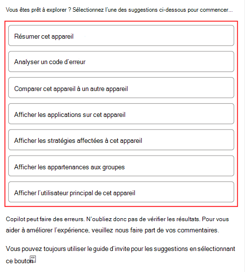 Capture d’écran montrant les invites de l’exemple Copilot après avoir sélectionné un appareil dans Microsoft Intune ou le Centre d’administration Intune.