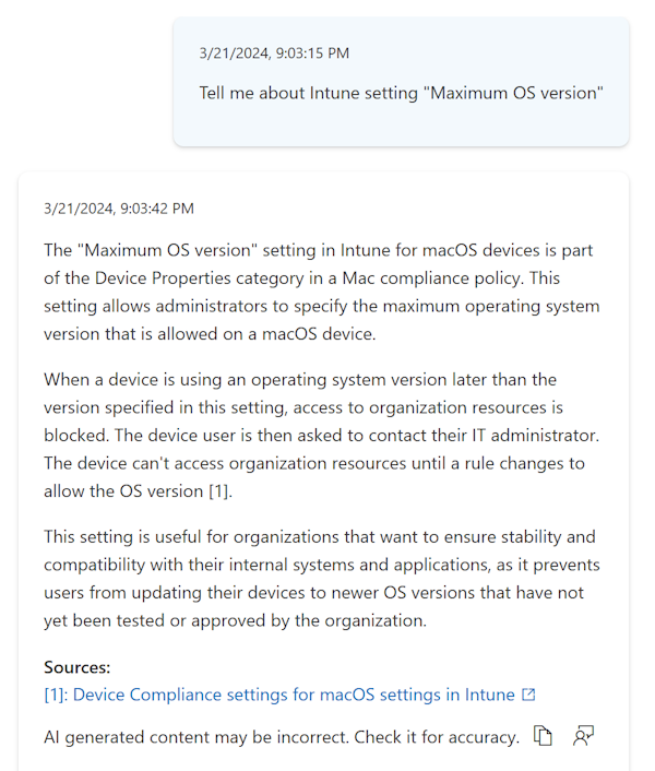 Capture d’écran montrant plus d’informations sur un paramètre lorsque vous sélectionnez l’info-bulle Copilot dans une stratégie de conformité dans le Centre d’administration Microsoft Intune.