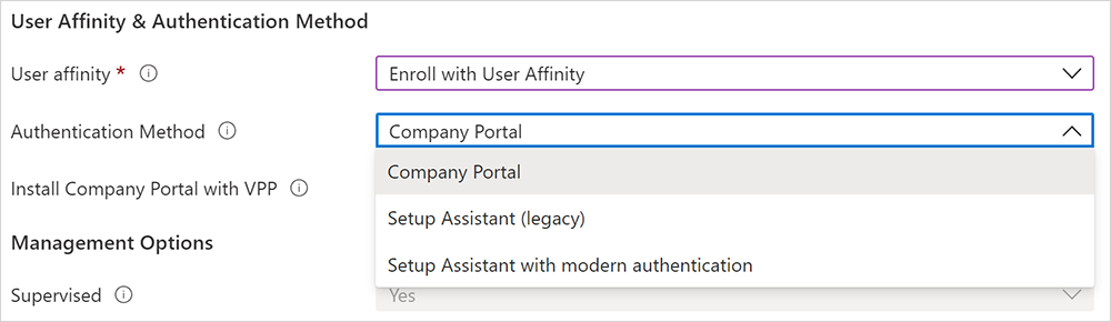 Capture d’écran des options de la méthode d’authentification.