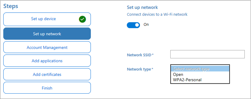 Capture d’écran de l’activation de Wi-Fi, y compris les options SSID réseau et Type de réseau dans l’application Concepteur de configuration Windows