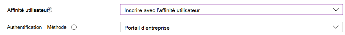 Dans le Centre d’administration Intune et Microsoft Intune, inscrivez des appareils iOS/iPadOS à l’aide de l’inscription automatisée des appareils (ADE). Sélectionnez Inscrire avec l’affinité utilisateur et utilisez l’application Portail d’entreprise pour l’authentification.