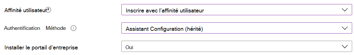 Dans le Centre d’administration Intune et Microsoft Intune, inscrivez des appareils iOS/iPadOS à l’aide de l’inscription automatisée des appareils (ADE). Sélectionnez Inscrire avec l’affinité utilisateur, utilisez l’Assistant Configuration pour l’authentification et installez l’application Portail d’entreprise.