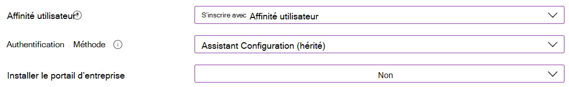 Dans le Centre d’administration Intune et Microsoft Intune, inscrivez des appareils iOS/iPadOS à l’aide de l’inscription automatisée des appareils (ADE). Sélectionnez Inscrire avec l’affinité utilisateur, utilisez l’Assistant Configuration pour l’authentification et n’installez pas l’application Portail d’entreprise.