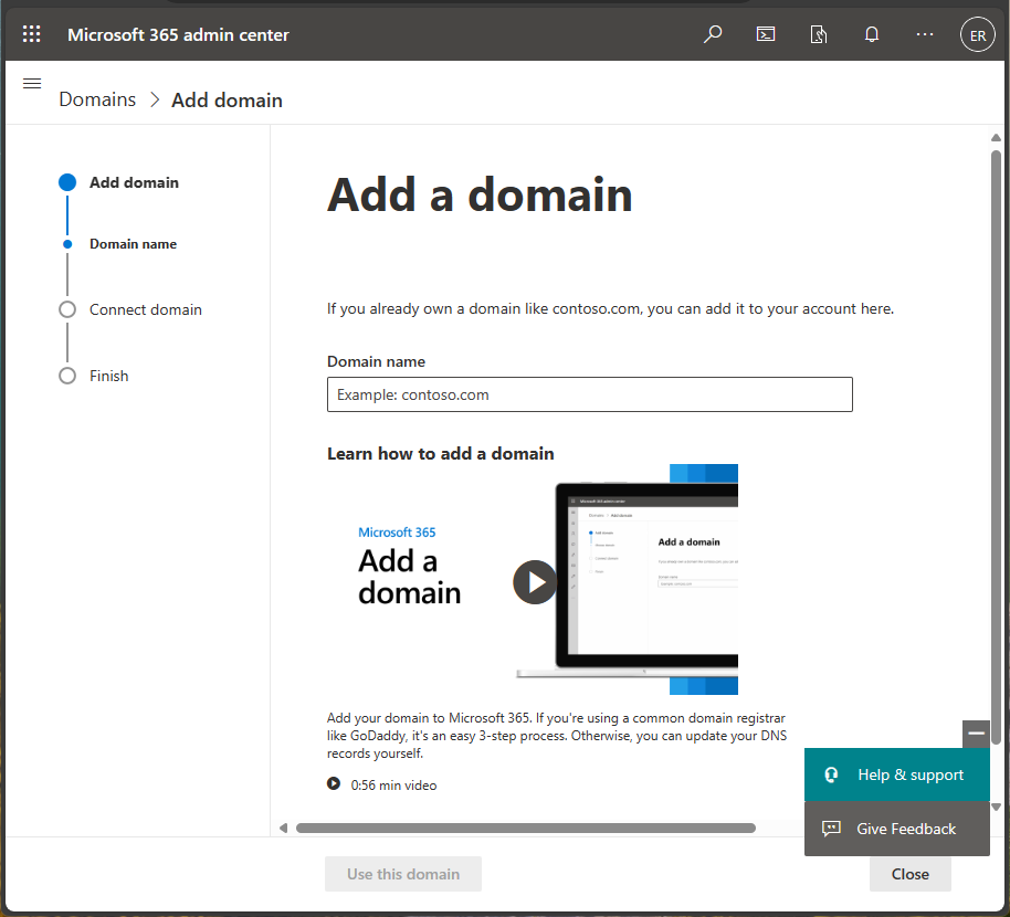 Capture d’écran du Centre d’administration Microsoft 365 -Ajouter un domaine