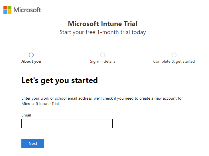 Capture d’écran de la page configurer le compte Microsoft Intune - Entrer un e-mail