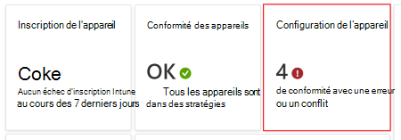 Dans le tableau de bord, sélectionnez les stratégies avec des erreurs ou des conflits pour voir les erreurs ou les conflits avec les profils de configuration d’appareil dans Microsoft Intune et le Centre d’administration Intune.