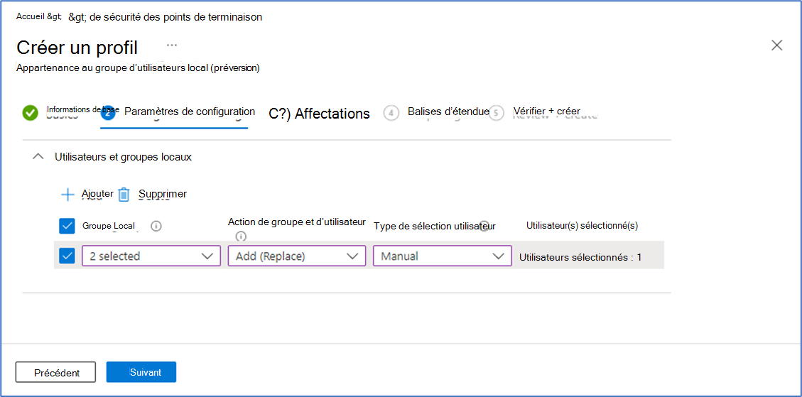 Capture d’écran de la page Paramètres de configuration pour la configuration du profil.