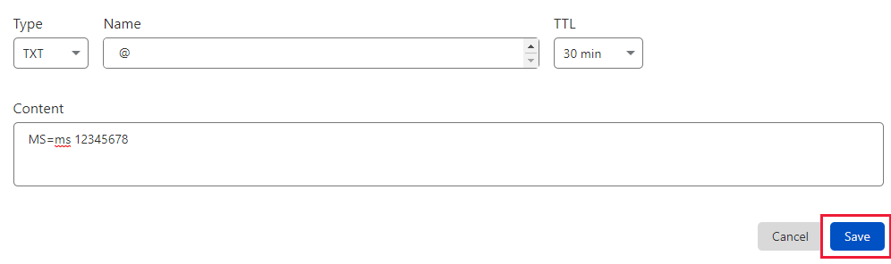 Capture d’écran de l’endroit où vous sélectionnez Enregistrer pour ajouter un enregistrement TXT de vérification de domaine.