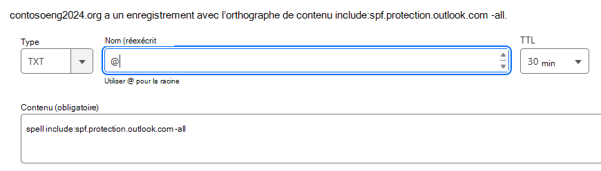 Capture d’écran de l’emplacement où vous sélectionnez Enregistrer pour ajouter un enregistrement TXT SPF.