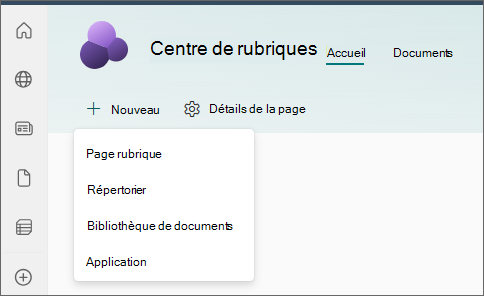 Capture d’écran de la page d’accueil du centre de rubriques avec l’option Page de rubrique sélectionnée dans le menu Nouveau.