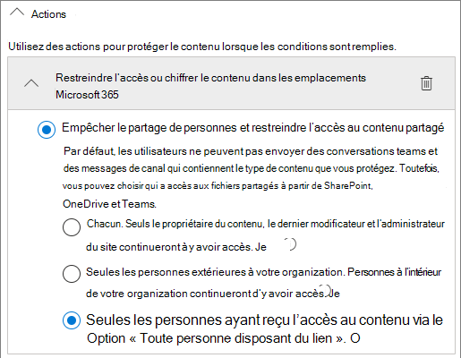 Capture d’écran des options d’action de règle de protection contre la perte de données.