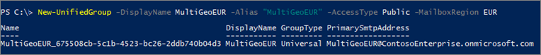 Capture d’écran de New-UnifiedGroup applet de commande PowerShell avec la syntaxe.