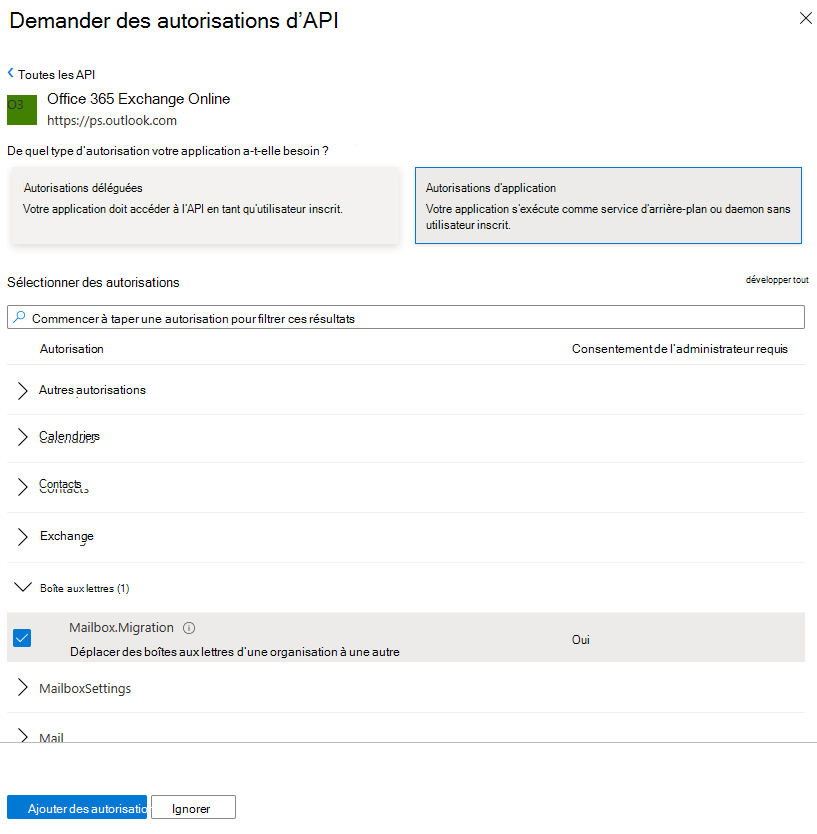 Capture d’écran de Mailbox.Migration et de sa case à cocher sous « Sélectionner les autorisations ».
