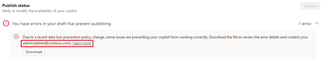 Capture d’écran de l’application Web Copilot Studio montrant une erreur liée à la DLP avec le texte d’erreur en surbrillance.
