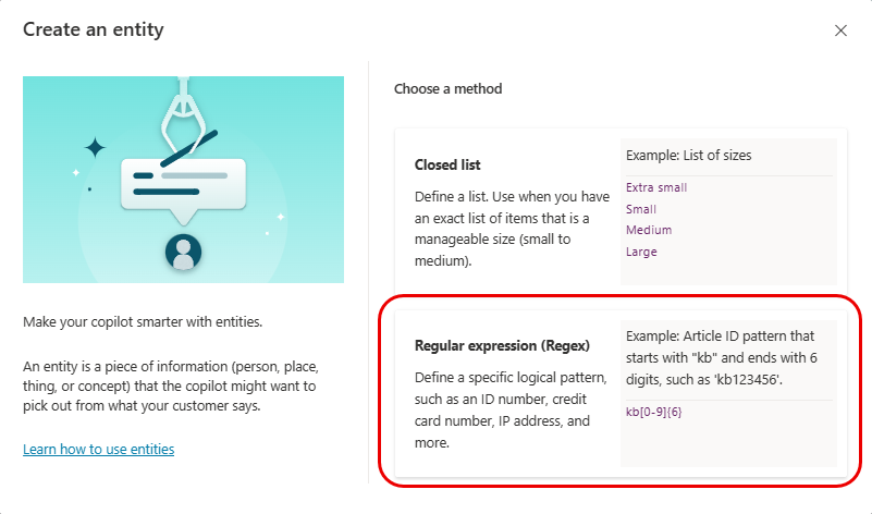 Capture d’écran de la fenêtre de création d’entité, avec l’option Regex en surbrillance.