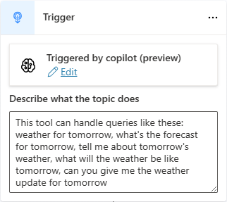 Nœud déclencheur avec une description pour une rubrique dans un copilote avec orchestration générative de rubriques et d’actions.