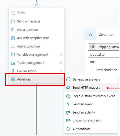 Capture d’écran de l’option Envoyer une requête HTTP dans le menu avancé.
