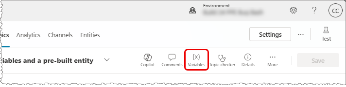 Capture d’écran de la barre d’outils secondaire avec un lien pour ouvrir le volet Variables.