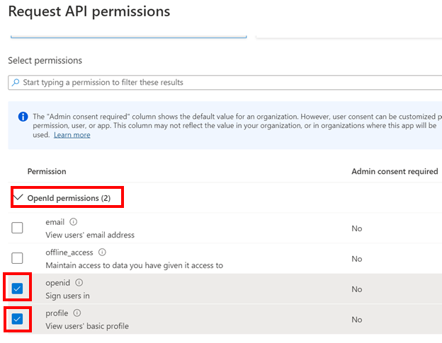 Capture d’écran avec les autorisations OpenId, l’openid et le profil en surbrillance.