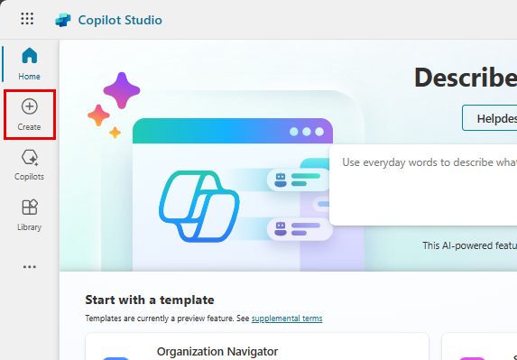 Capture d’écran de l’emplacement du bouton Créer sur la page d’accueil Copilot Studio.